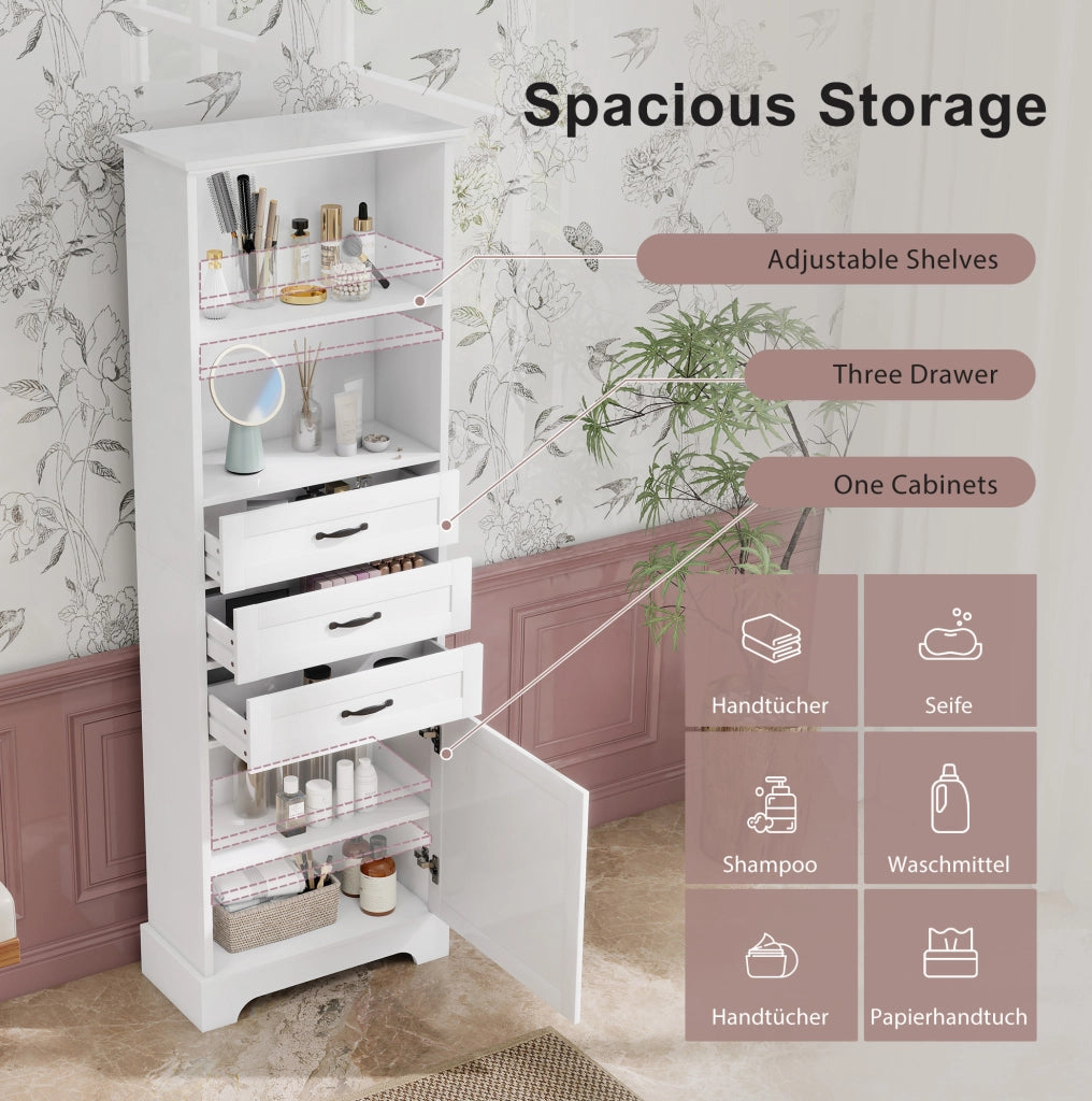 Mobile bagno alto 56x25;6x167 cm in MDF bianco con 3 cassetti e ripiani regolabili