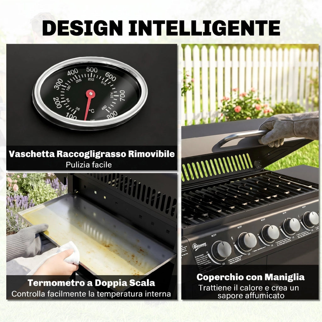 Barbecue a Gas con Coperchio ¨C zephmum ¨C Grigio, Acciaio, 135x50x100cm