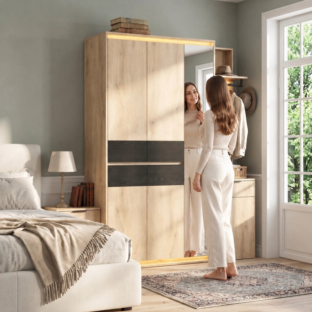 Armadio guardaroba 155 × 47 × 200 cm con 5 cassetti 3 appendiabiti specchio e LED in MDF antracite e rovere