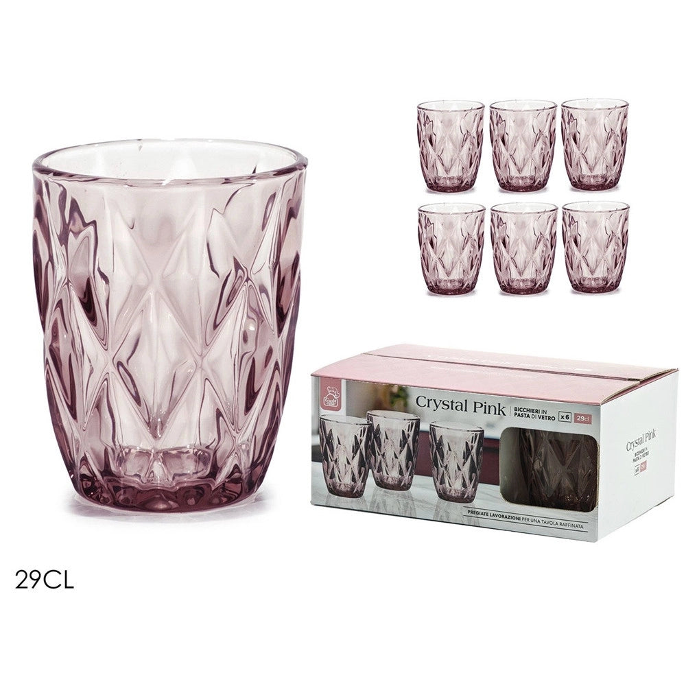 Trade Shop - Set Di 6 Bicchieri In Vetro Crystal Pink 29 Cl Da Acqua Motivo Sfaccettato A Diamante -