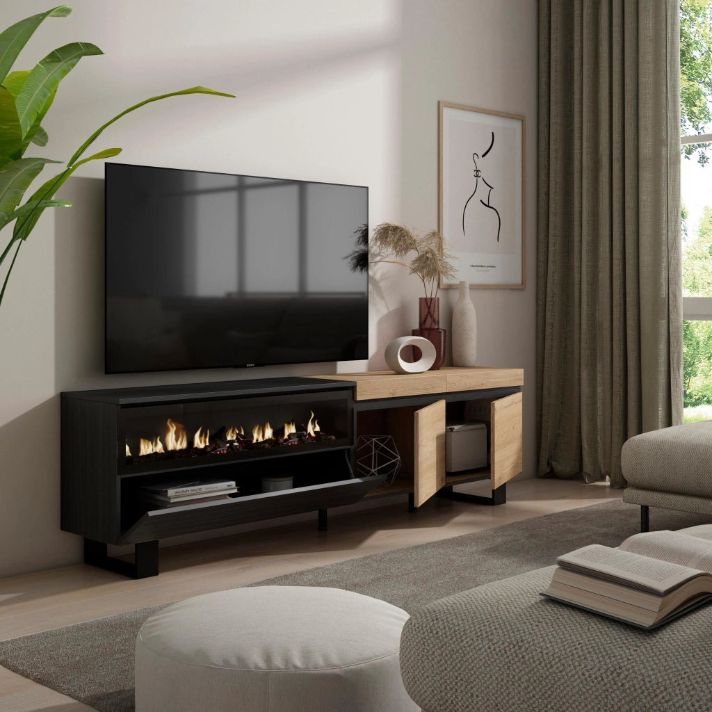 Mobile TV, 200x35x57cm, soggiorno, Per TV fino a 80", Camino elettrico, Design industriale, colore Rovere e nero RF2254