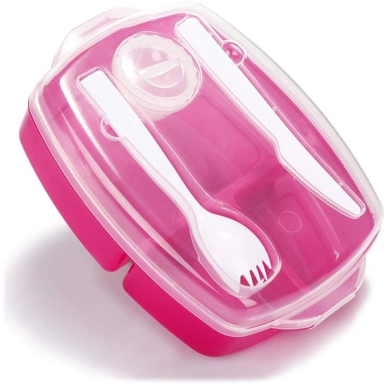 Lunchbox con Utensili e Salsa - Salute e Praticità - 1 pezzo - Rosso Lampone/Bianco/Translucido - Plastica - 23 x 17,5 x 7 cm