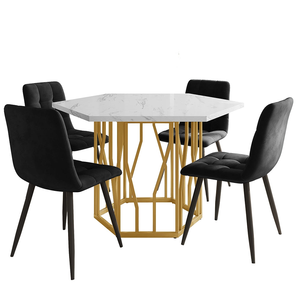 Set tavolo-Xylo-Esagonale marmo 4 sedie nero piedi dorati