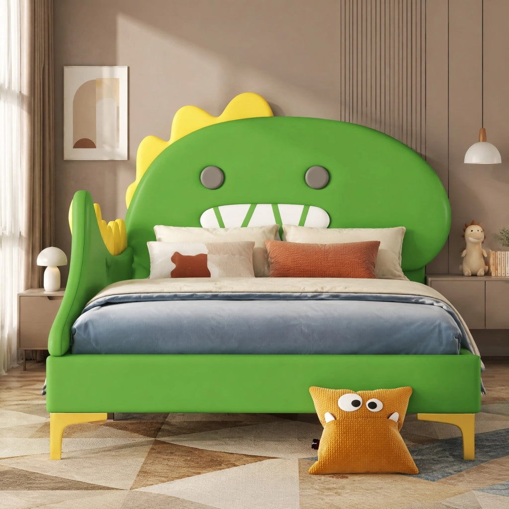 DESMIU Letto bambini 90 × 200 cm a 1 posto con testiera dinosauro, senza materasso, in PU e MDF, verde