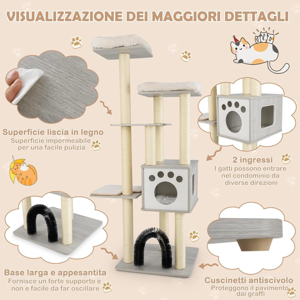 Albero Tiragraffi per Gatti 176 cm, Tiragraffi per Gatti con 2 Trespoli in Tessuto Felpato, Arco Massaggiante, Cuccia, Pali in Sisal e Tapettini Lavabili, Torre per Animali Domestici (Grigio)