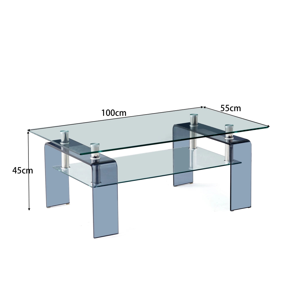 Tavolino basso in vetro temperato con 2 ripiani, gamba grigia, per soggiorno, trasparente, 100 × 55 × 45 cm
