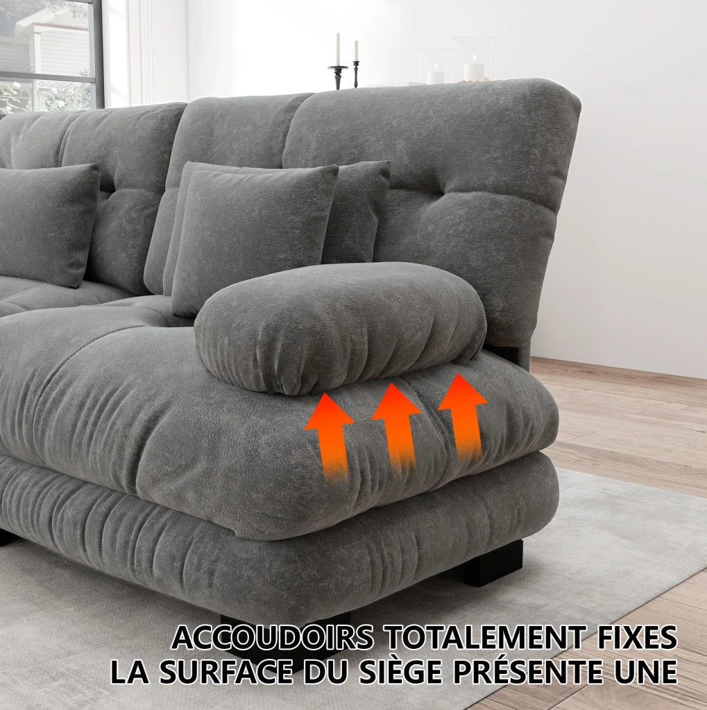 Divano angolare modulare a forma di U 4 posti in chenille grigia con pouf mobile
