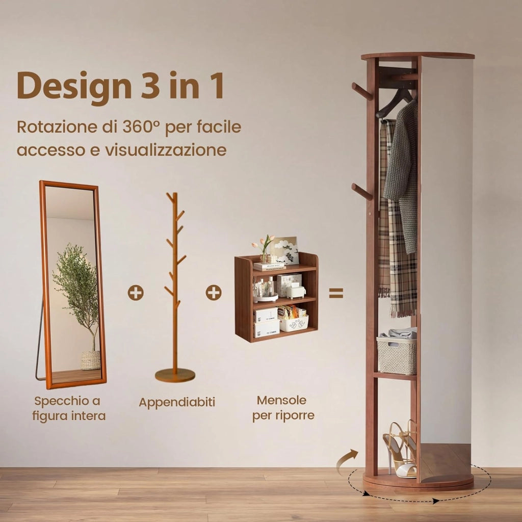 Appendiabiti Girevole a 360° con Specchio, Specchio a Figura Intera da Terra con Ripiani e Ganci, Appendiabiti per Soggiorno, Camera da Letto e Guardaroba (Stile 3)