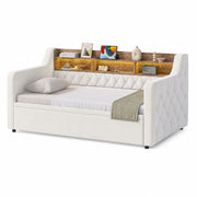 Letto a Divanetto 90x190 cm; con testiera portaoggetti; LED; USB e Type-C in Velluto Beige