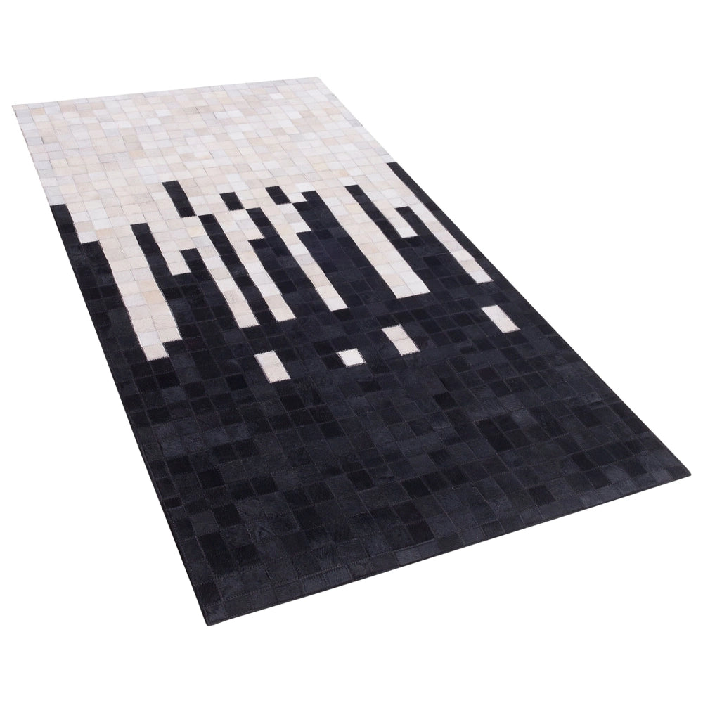 Tappeto tappetino Pelle Bovina Nera e Bianca 80 x 150 cm Rettangolare Motivo Geometrico Astratto Fatto a Mano