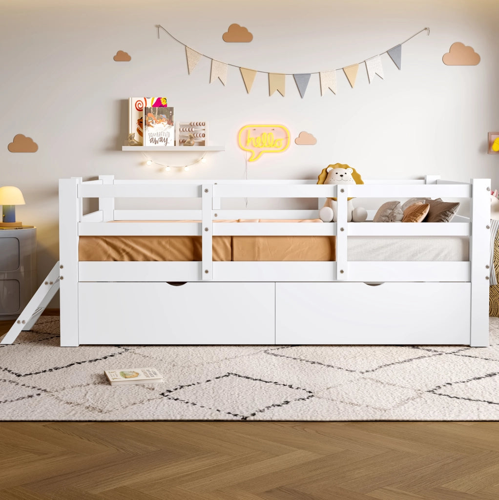 Letto a piattaforma 90x200 cm con 2 cassetti in MDF e compensato bianco
