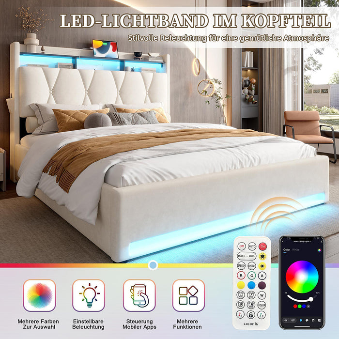 Letto 140x200cm imbottito - Xylo - beige USB-C idraulico LED