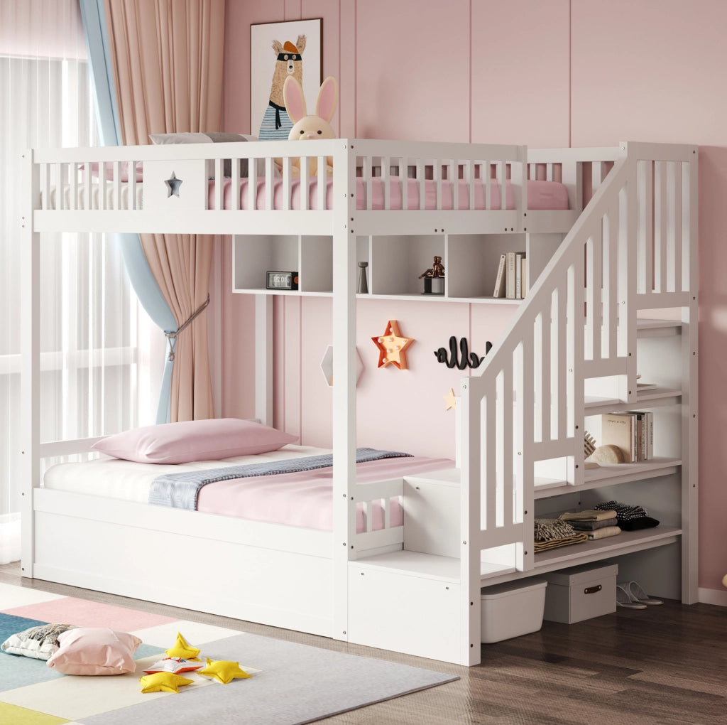Letto a castello ULEVR 140x200 cm con letto inferiore idraulico, scala contenitore e ripiani, bianco