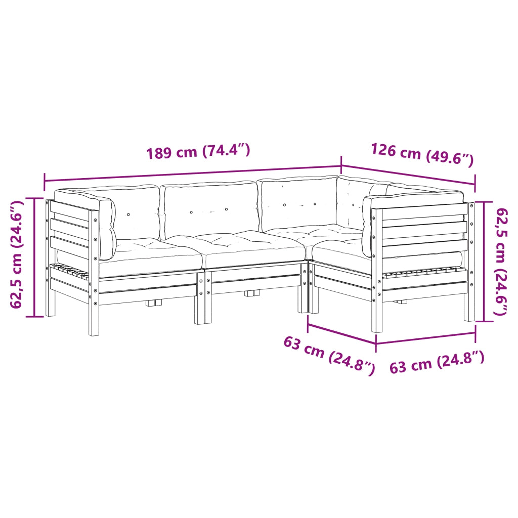 Set Divani da Giardino 4pz con Cuscini Legno Impregnato di Pino