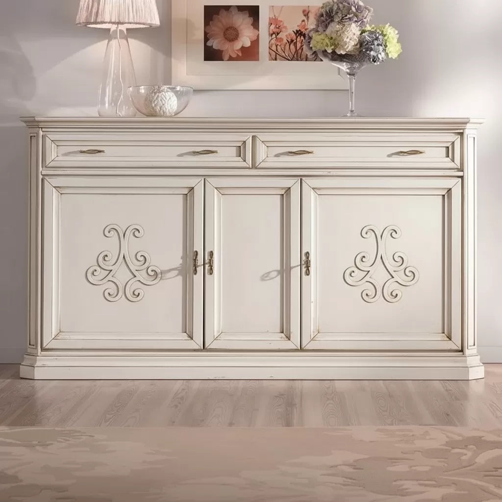 Credenza classica 3 porte 2 cassetti legno bianco anticato rilievo 196x50x110 - Mobili 2G