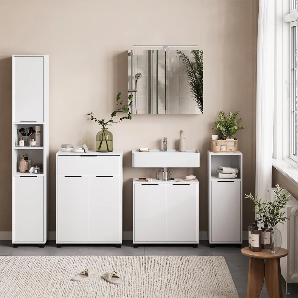 cassettiera da bagno Alina, Bianco, 60 x 86 cm con 3 scomparti, per la conservazione in bagno e combinabile con mobili