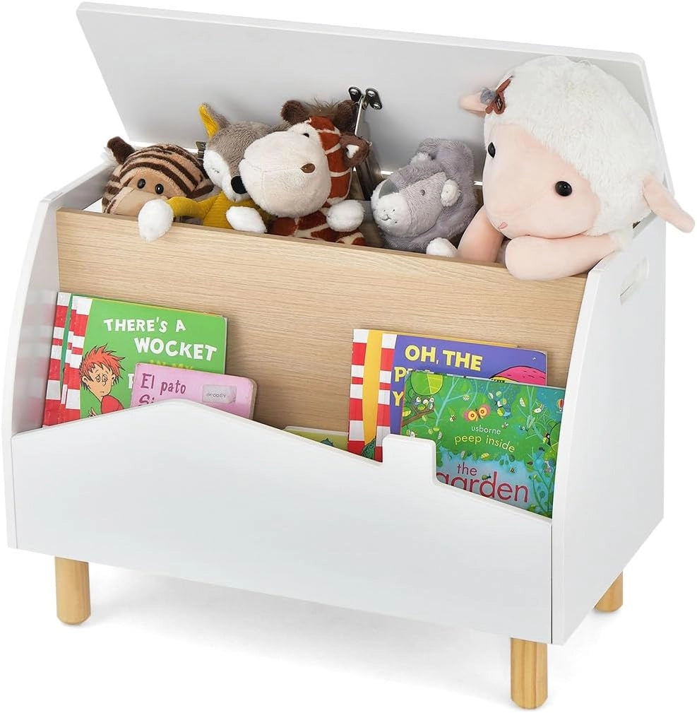Libreria 2 in 1 per bambini e giocattoli, scatola per giocattoli con coperchio e ripiano aperto, scaffale per bambini con gambe in legno massello, scaffale per la cameretta dei bambini