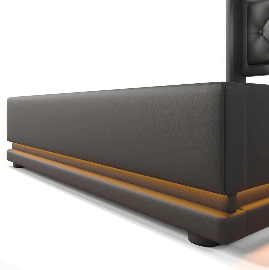 Letto singolo imbottito 90x200 cm in PU nero con contenitore; LED e porta USB Tipo-C