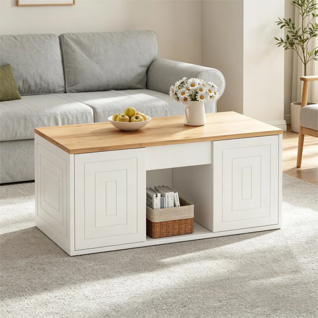 Tavolino da salotto con piano regolabile in altezza, tavolino a due ante, finitura effetto legno, bianco e color legno naturale