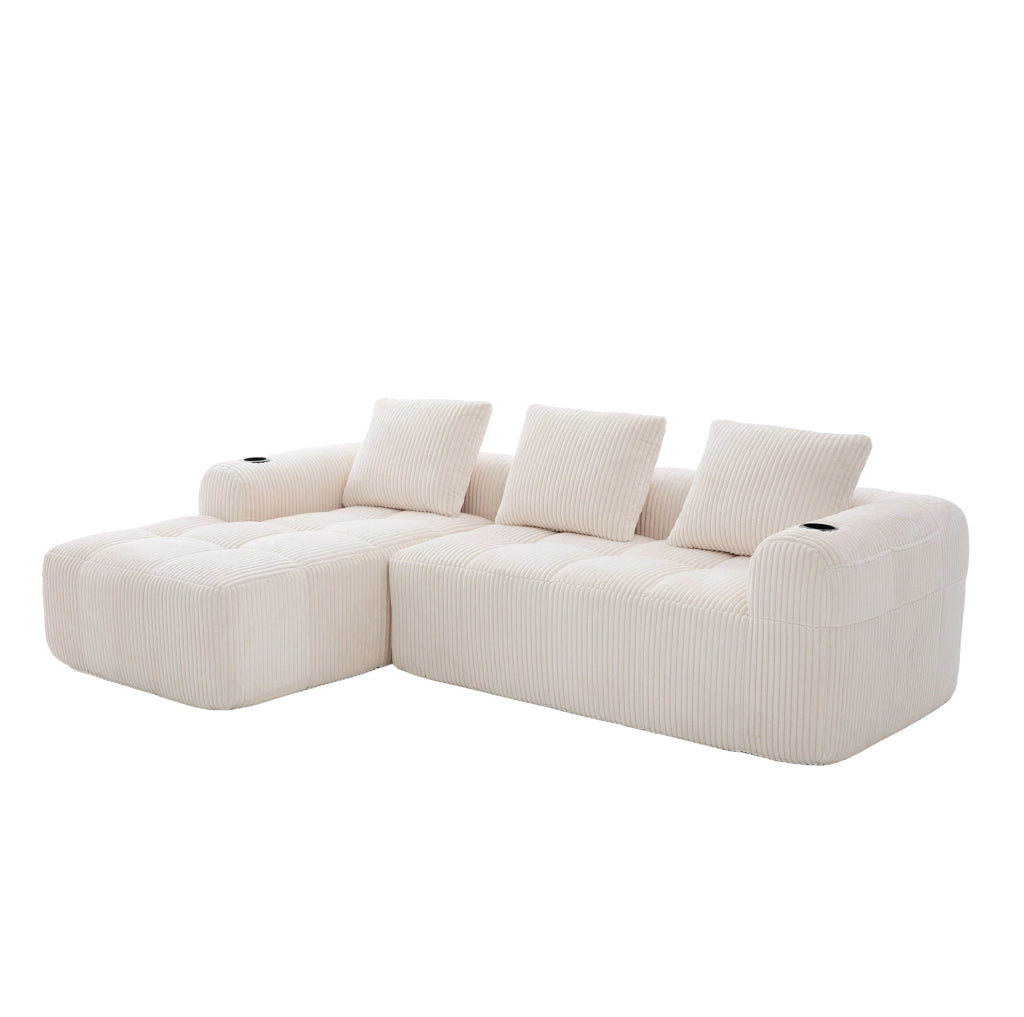 Sofa modulare 253x158x61 cm con sistema DIY; tasche laterali e portabevande in cord beige
