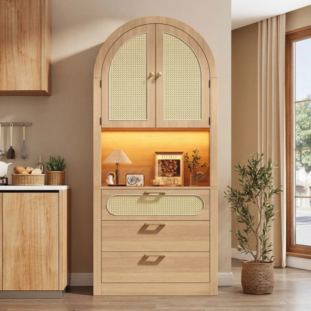 Credenza con 2 ripiani, 1 vano espositivo, 3 cassetti e LED, per soggiorno, in MDF, rovere chiaro, 80 × 35 × 180 cm