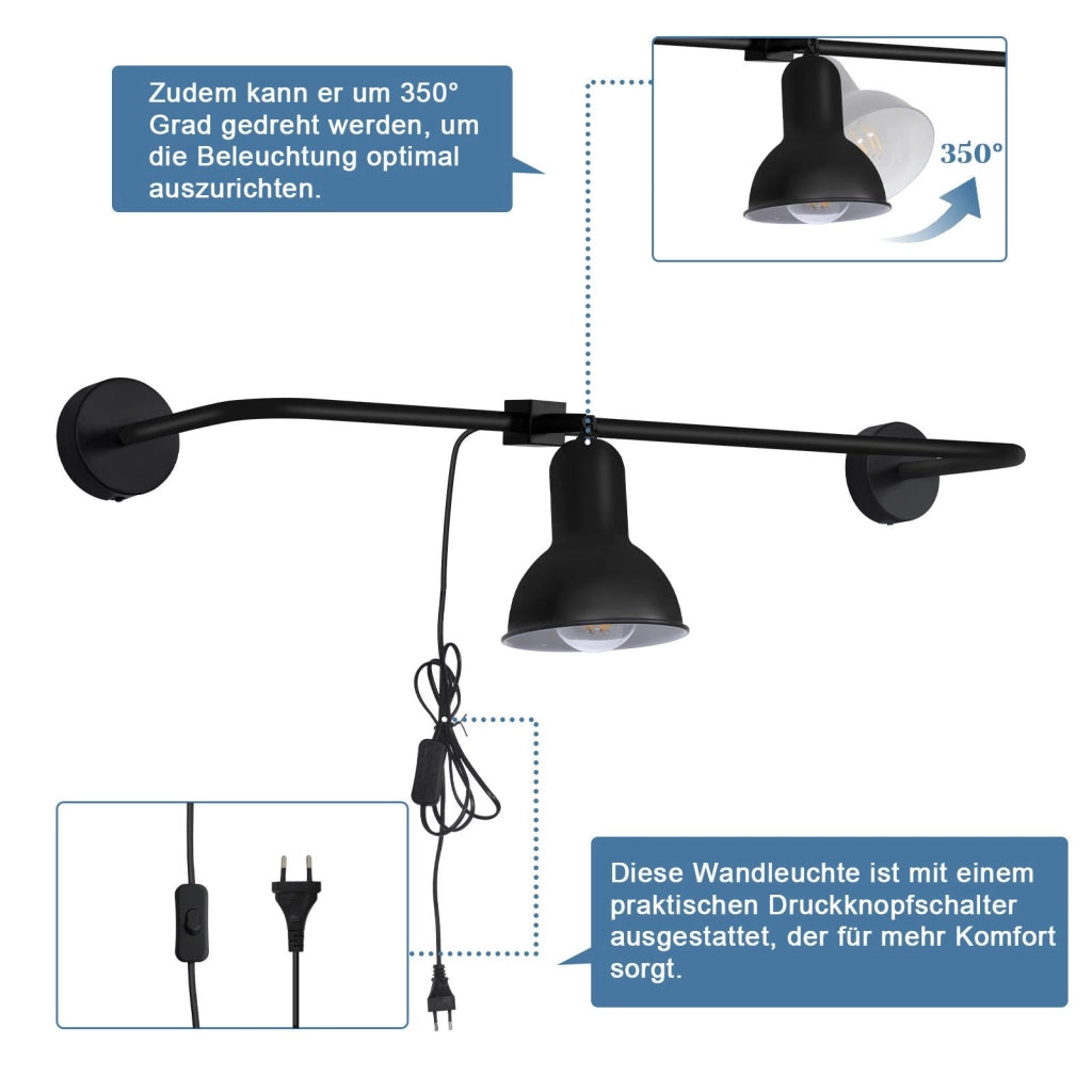 ZMH Applique da parete nera per interni Con interruttore E27 faretto da parete vintage industriale senza lampadina