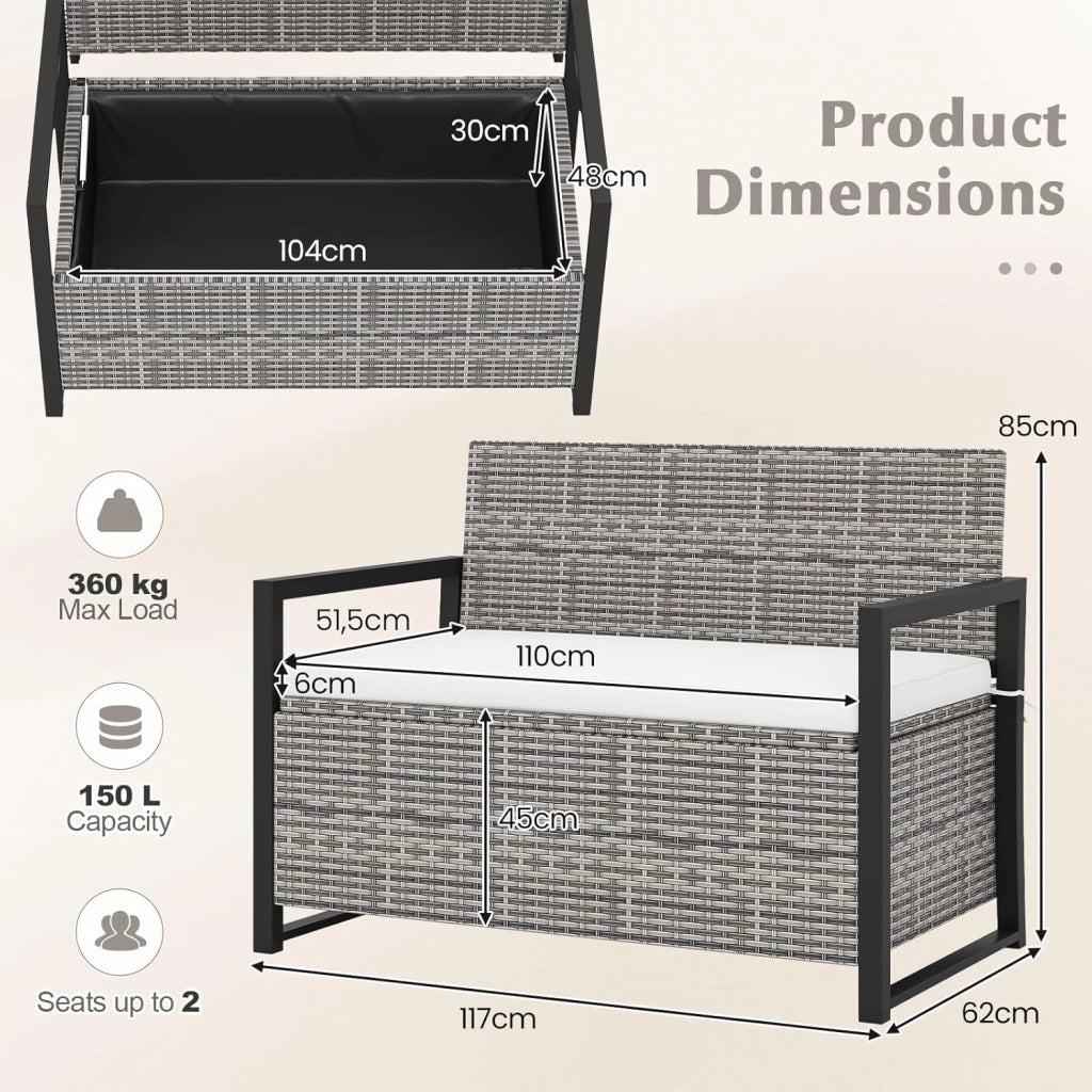Panca da giardino in rattan, con spazio di archiviazione da 150 l, per esterni, con cuscino, per 2 persone, con schienale e braccioli, portata 360 kg, 117 x 62 x 85 cm