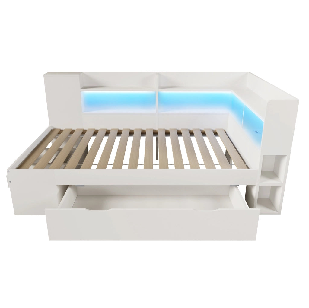 Letto da giorno ULEVR 90x200 cm con LED, USB e Type-C, cassetti e ripiani, bianco