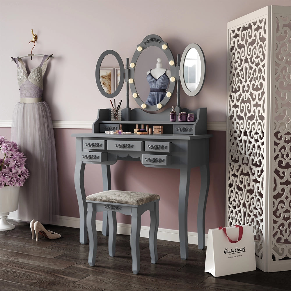 Vicco Tavolo da toilette Grigio 90 cm con illuminazione e sgabello