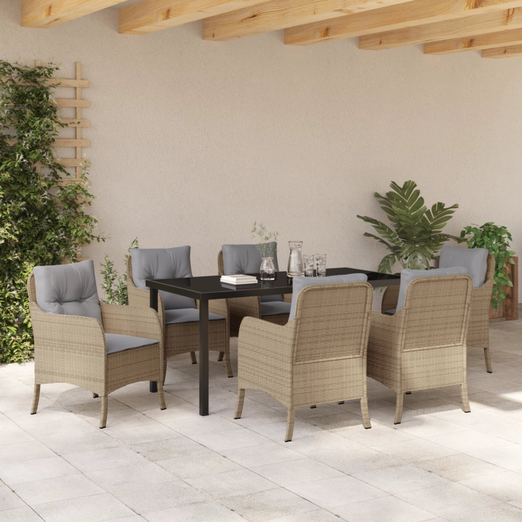 Set da Pranzo da Giardino da 7 Pezzi con Cuscini Beige in Polyrattan