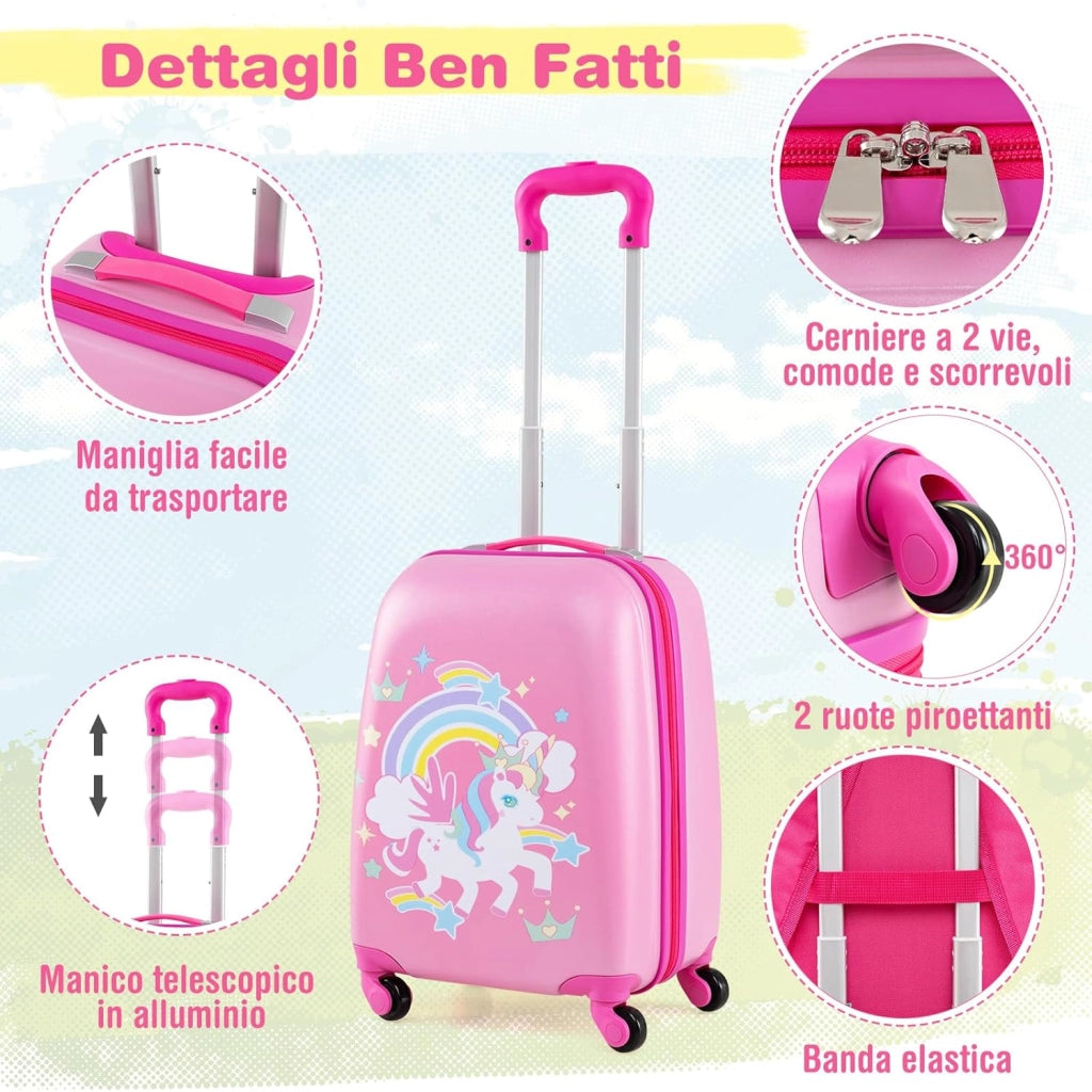 Set di Valigia per Bambini, 16" Valigia+ 12" Zaino, 2 Pezzi, con Ruote Girevoli a 360° e Maniglia Retrattile, Ideale per Viaggiare in Modo Comodo e Divertente (Modello 26)