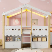 DESMIU Letto a soppalco per bambini 90 × 200 cm 1 posto con 2 cassetti, LED e scaffali, senza materasso