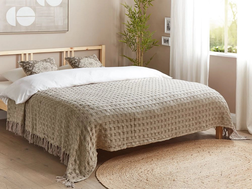Copriletto in tessuto di cotone tortora 220 x 240 cm con frange Coperta decorativa Biancheria da letto design classico Camera da letto