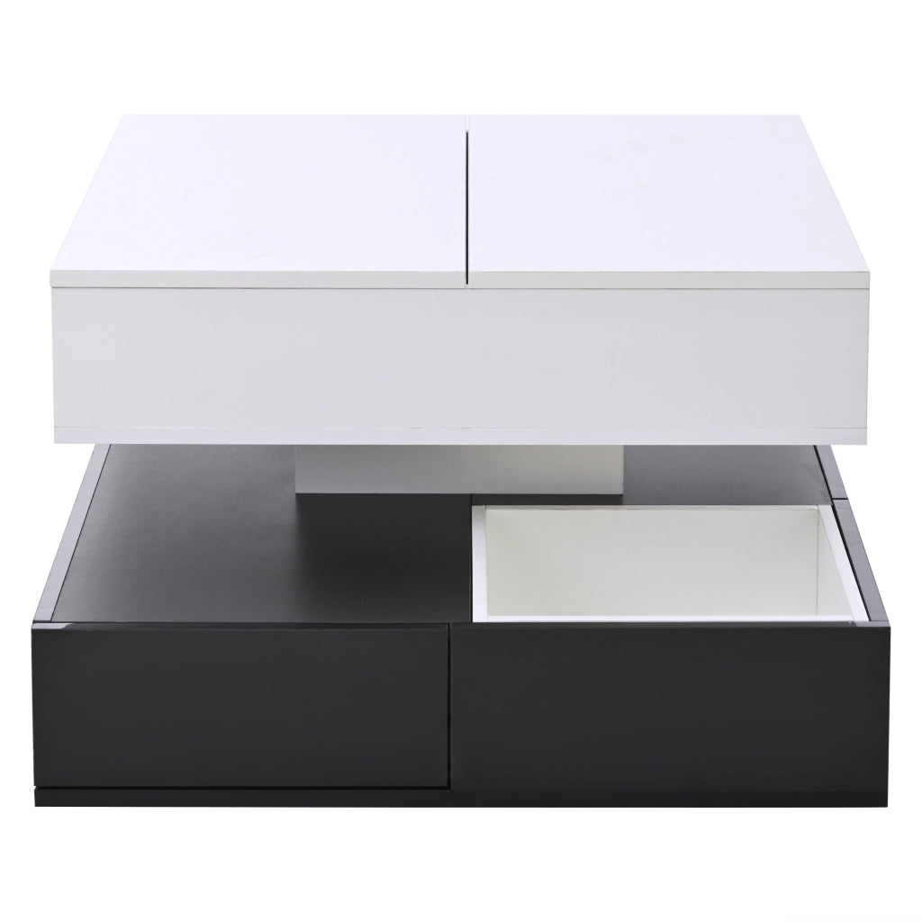 Tavolino da caffè 70x70 cm con piano girevole 360°, 3 cassetti, vano contenitore, bianco e nero