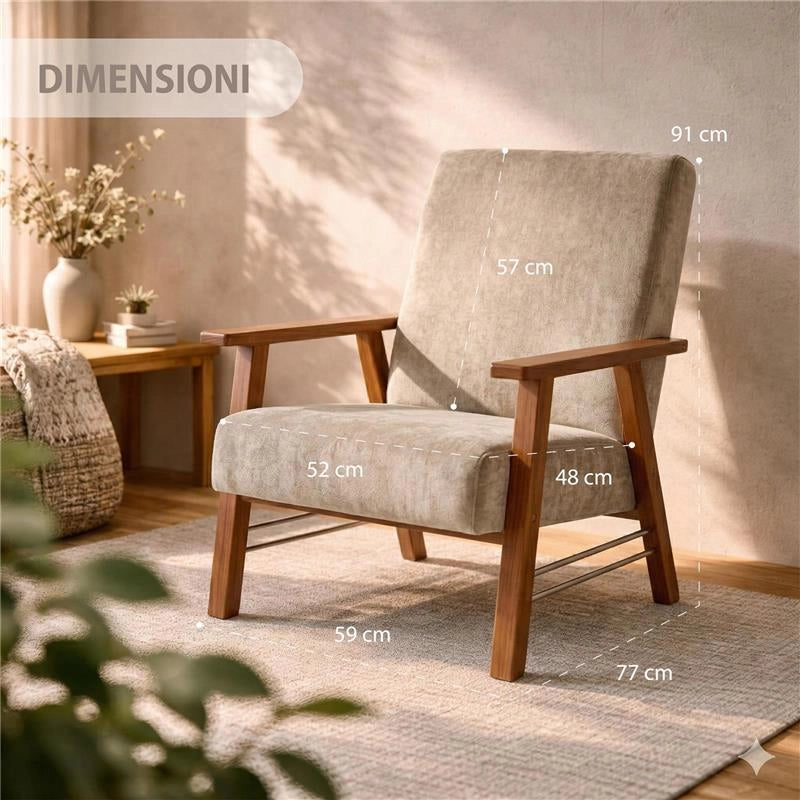 POLTRONA ORTIGIA DA ARREDO IN LEGNO TABACCO E TESSUTO COLOR BEIGE 59X77X91H CM