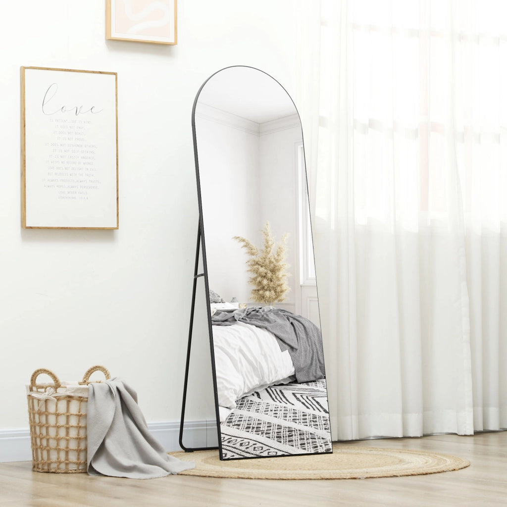 Specchio intero 150 x 50 cm nero con supporto, design ad arco, vetro con pellicola di sicurezza, da terra o a parete