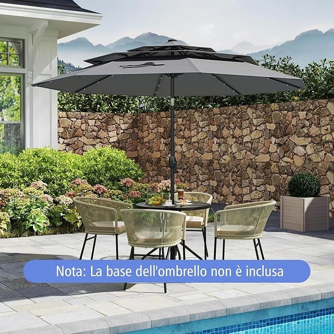 Ombrellone da Patio 313 cm con 32 Luci LED, Tetto Ventilato a 3 Piani, Inclinazioni Regolabili, Manovella, 8 Stecche, Ombrellone da Giardino, Piscina, Spiaggia
