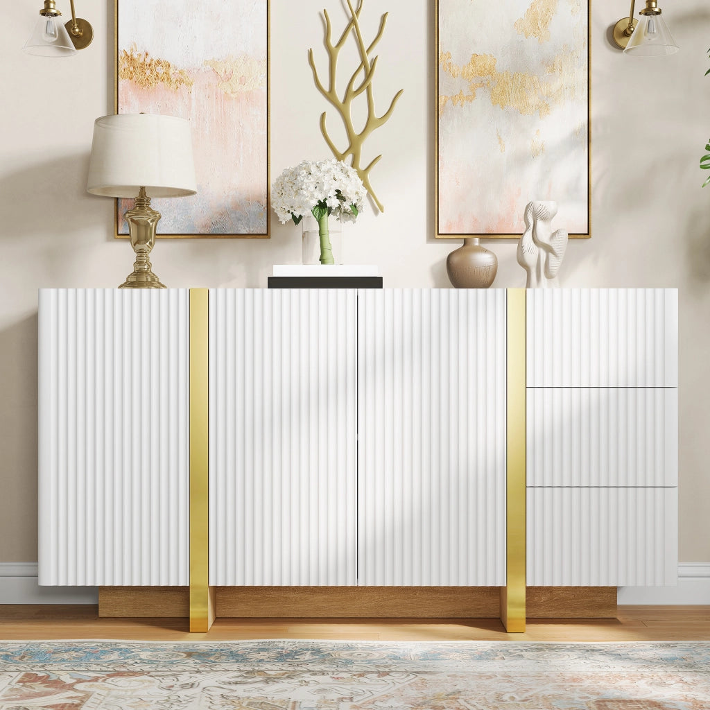 Credenza con 3 ante e 3 cassetti frontali scanalati in MDF e pannello truciolare bianca 140 × 36 × 75 cm