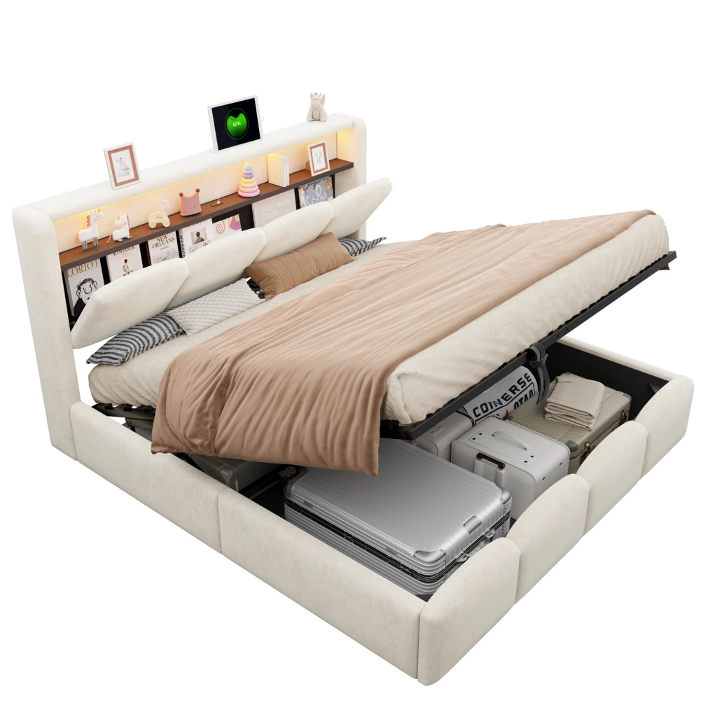Letto matrimoniale imbottito 140x200 cm in velluto beige con LED; USB e contenitore idraulico