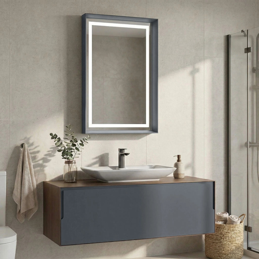 Set mobile lavabo con specchio (2 pezzi) "Craft 120" - 120 x 50 x 40 cm - Noce / Antracite / Bianco