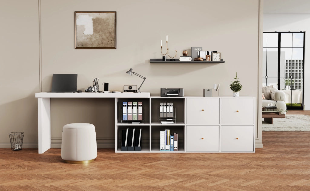 Scrivania angolare girevole a 360° con 4 cassetti e 4 vani, con sistema antiribaltamento, per ufficio, in MDF, bianco