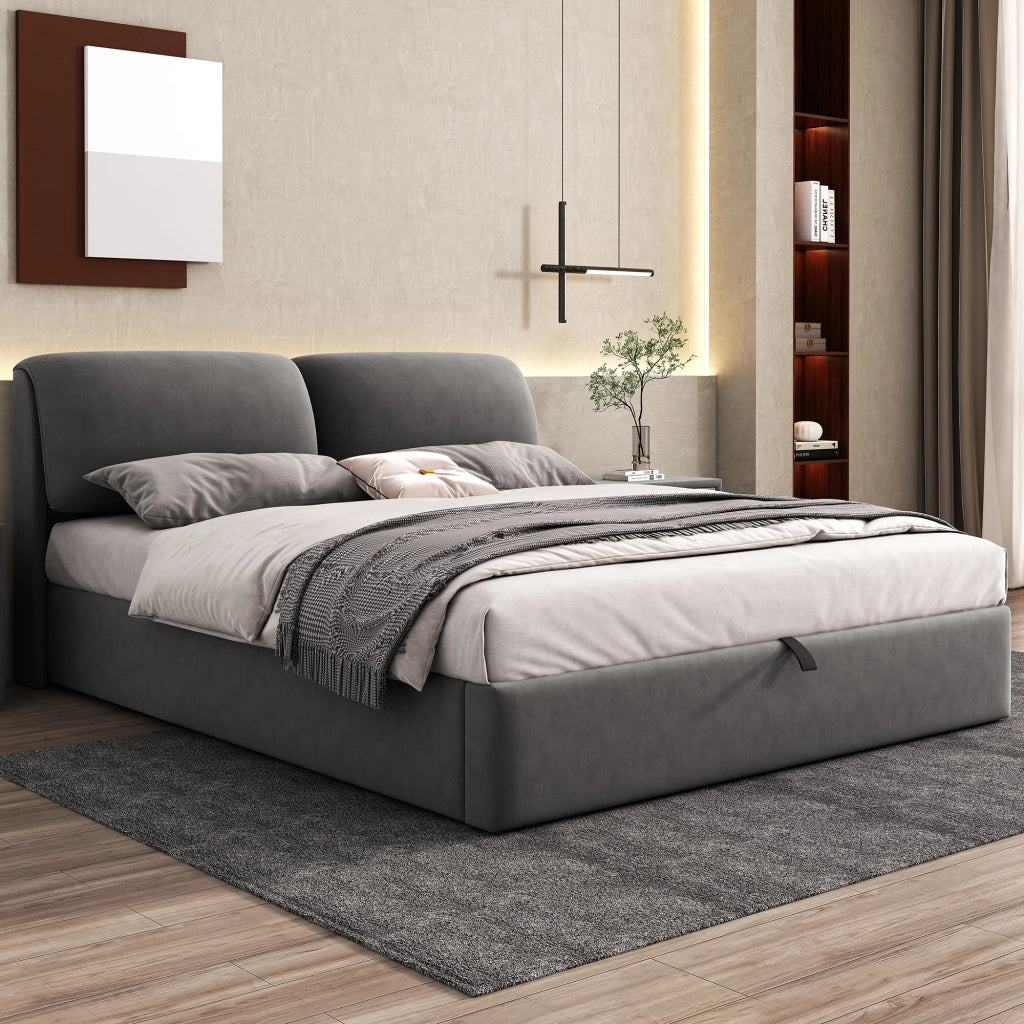 Letto imbottito 160x200 cm in velluto grigio con contenitore, 3 cassetti, testiera regolabile e rete a doghe