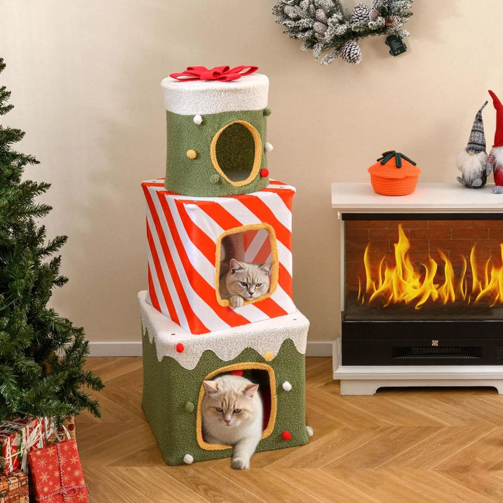 Albero di Natale per Gatti da Interno, Tiragraffi per Gatti con 3 Condo, Caverne Nascoste e Pallina Appesa, Grande Torre Impilabile a Forma di Scatola Regalo per Decorazioni Natali