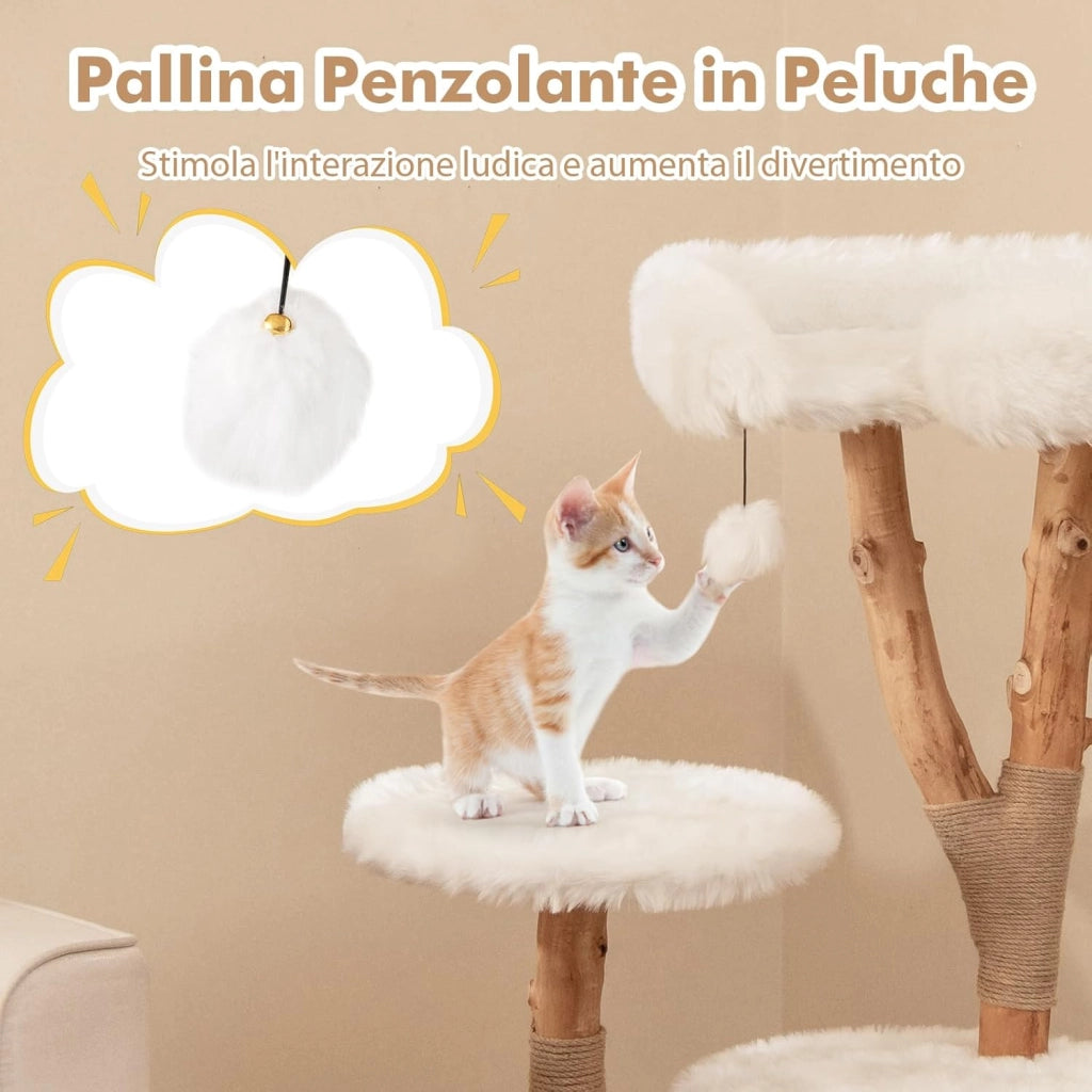 Tiragraffi per Gatti in Legno 110cm, Albero Tiragraffi con Pali in Corda di Juta Naturale e Palla Pendente, Torre Moderna per Gatti da Interno, Bianco e Naturale