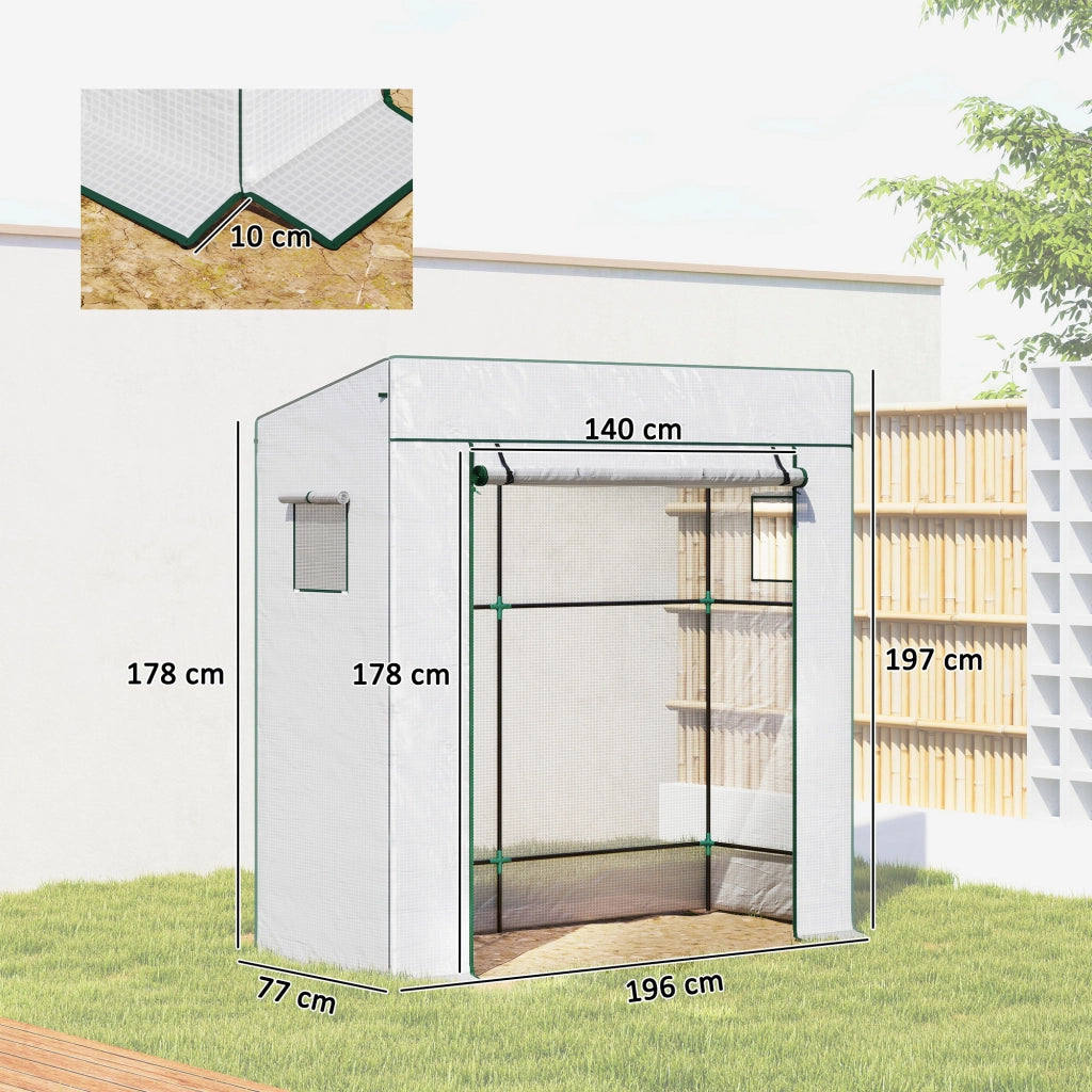 Serra per Piante con 2 Finestre Laterali a Rete e Ingresso Avvolgibile, in PE e Acciaio, 196x77x197 cm, Bianco