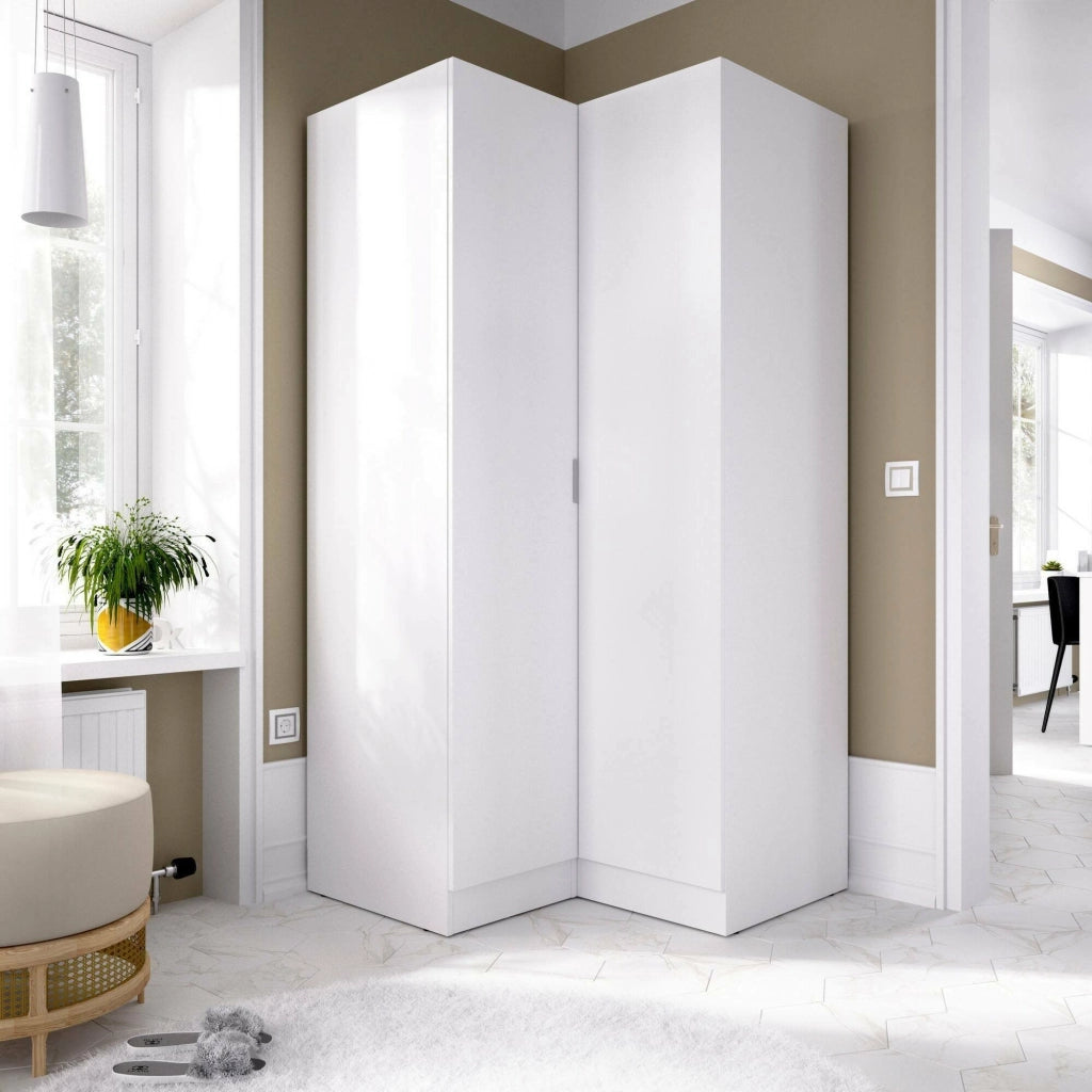 Guardaroba Aser, Mobile angolare per camera da letto, Armadio appendiabiti ad angolo a 2 ante battenti, 91x93h184 cm, Bianco