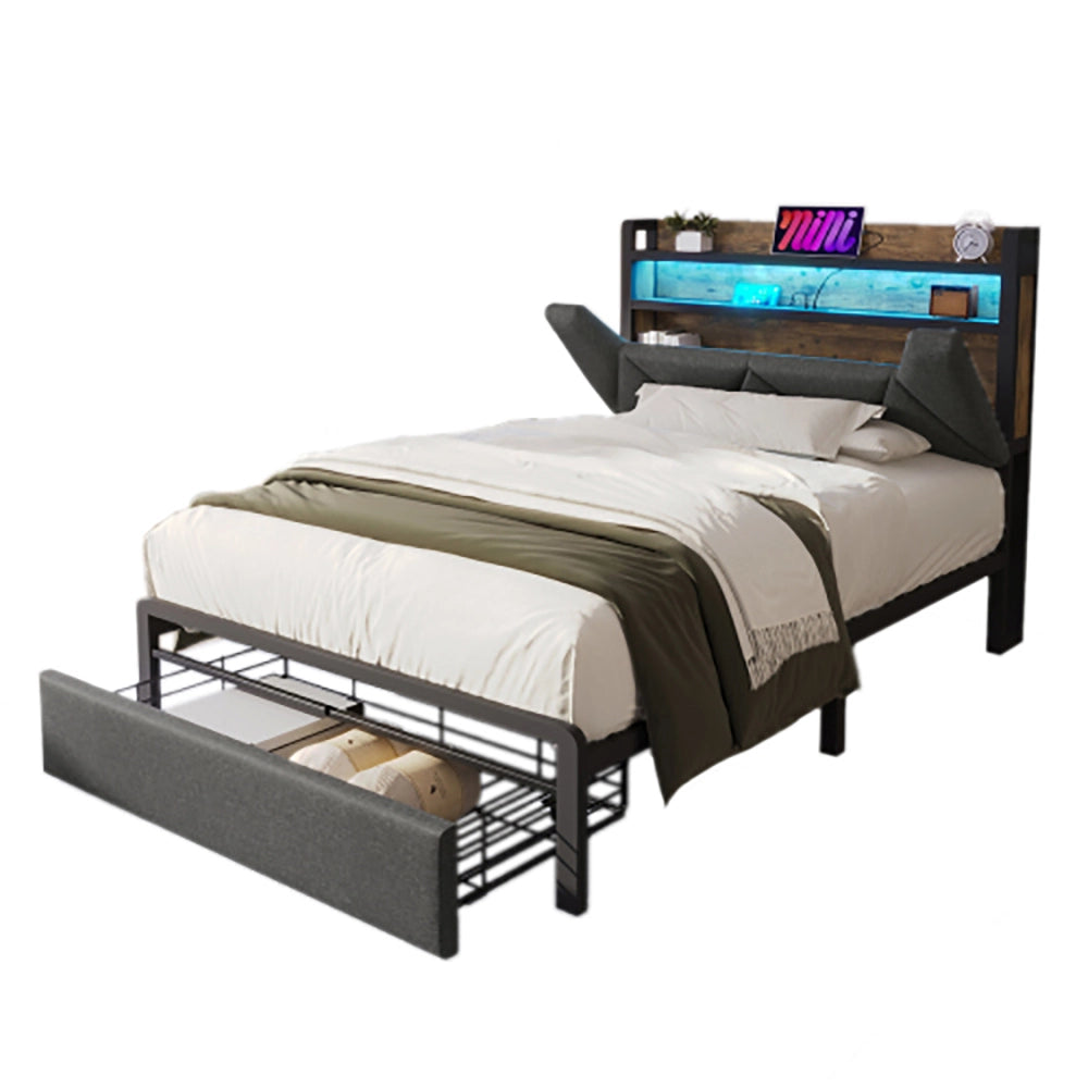 Letto singolo adulto 90x200 cm con cassetti e USB-C - Xylo - Grigio con materasso