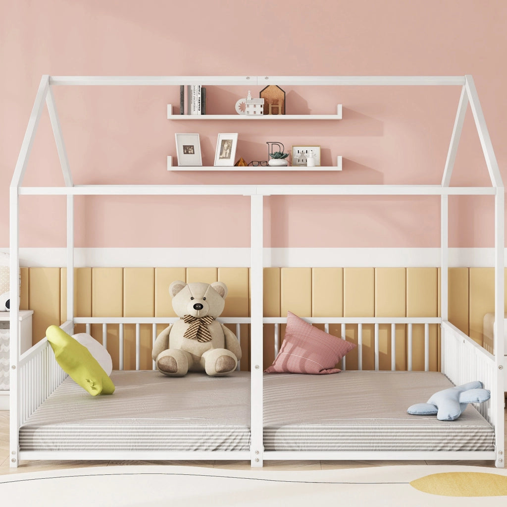 Letto per bambini in metallo 90x200 cm con sponda, forma a casetta, bianco