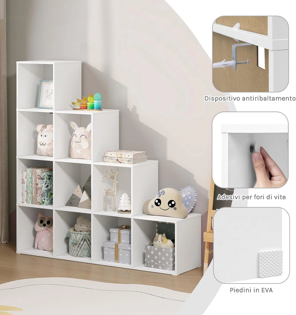 Scaffale per Libri, Scaffale per Scale Con 10 Cubi, Libreria in Legno Ingegnerizzato Bianco, per Camera da Letto, Soggiorno, Studio, Ufficio, 120x30x120cm, SK062ws
