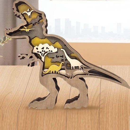 Decorazione 3D di un dinosauro in legno, scultura ornamentale a strati di legno sintetico, graviure di un bosco, pannello per decorare la casa, ufficio, scrivania, festa di Natale e Capodanno. (Tyrannosaurus)